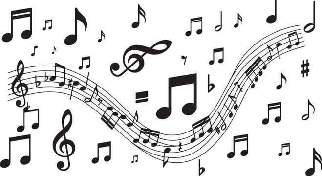 Musical notes and treble clef symbols on white background