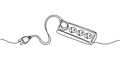Obraz premium Continuous one Line drawing of Electrical Power Strip Extension Cord multiplug.
