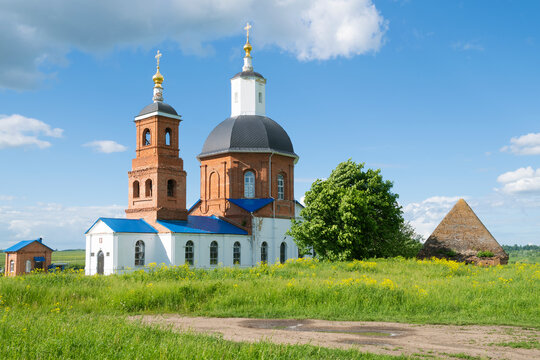The ancient Church of St. Michael the Archangel in the Saburovo fortress on a sunny May day. Oryol region, Russia