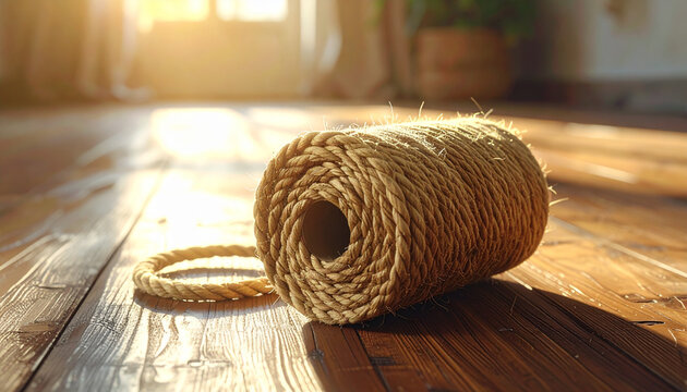 Close up of coiled rope on wooden floor with sunlight
