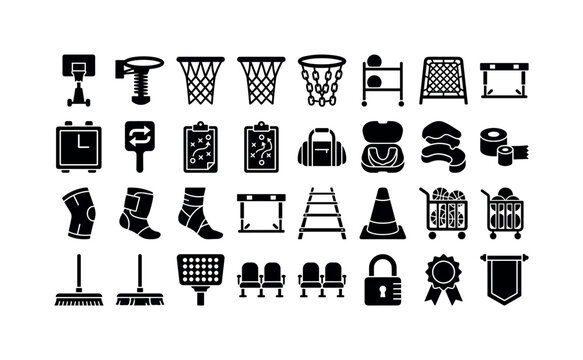 Gym Rim Forms. Solid glyph icon set of basketball hoop and athletic net: portable backboard, spring rim, nylon net, chain hoop, ball stand, rebounder frame, shot clock case, substitution paddle, coach