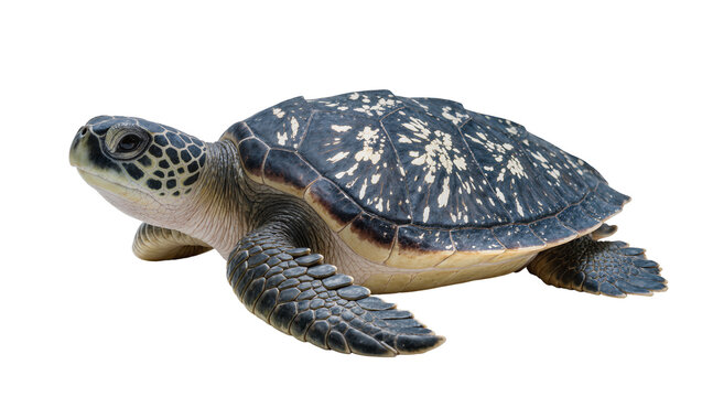 Green sea turtle with patterned shell on white