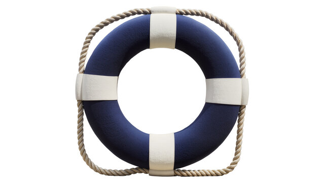 Navy blue life preserver ring with white stripes and rope