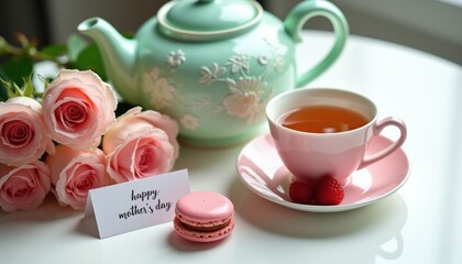 Fototapeta premium Tea set with roses and macaron for Mother Day celebration. Pink cup with tea and raspberries. Light green teapot on table. Gift idea for mom.
