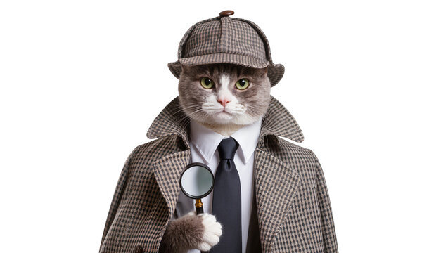 Cat detective wearing trench coat and hat holding magnifying glass