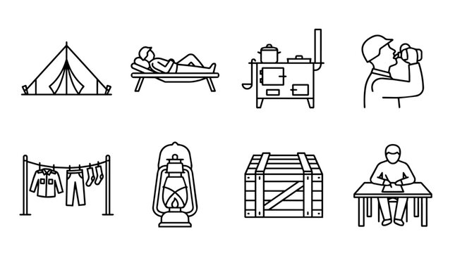 Expedition and military life concepts with camping equipment and soldier daily routines. Line art for outdoor adventure