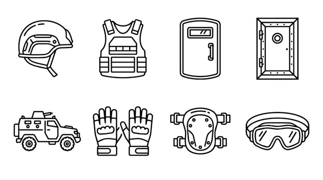 Collection of tactical and military equipment icons representing security, defense, and protective gear for various roles