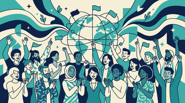 Diverse Global Community Celebrating Together Around Earth Illustration