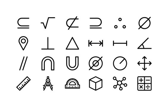 Geometric Logic Signs. Line icon set of math and dimension signs: subset sign, square root sign, not subset sign, superset sign, therefore sign, empty set sign, pinned marker sign, perpendicular sign,