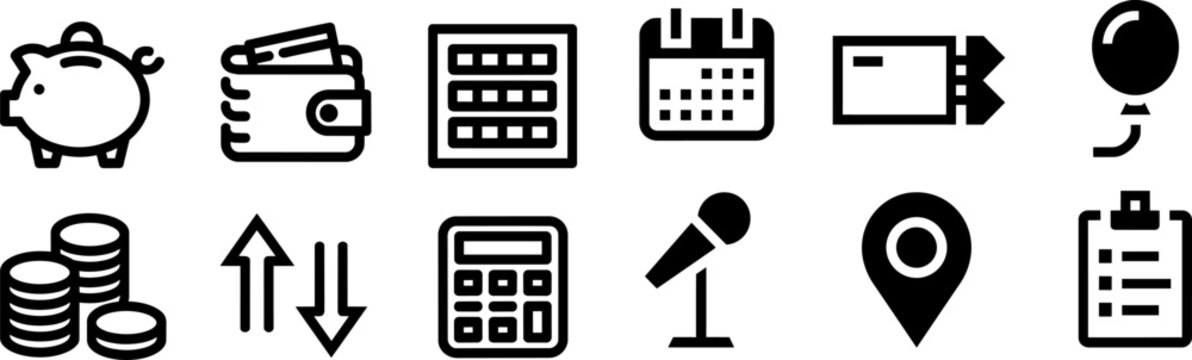 Piggy bank, wallet, data grid, calendar, tag, balloon, coins, arrows, calculator, microphone, location pin
