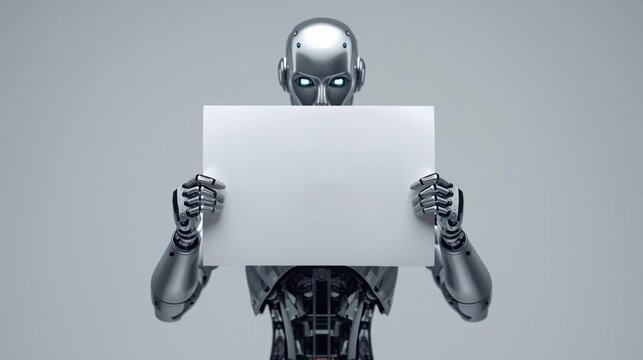A futuristic silver robot with glowing blue eyes holds a blank white sign, symbolizing advanced AI and technology communication.
