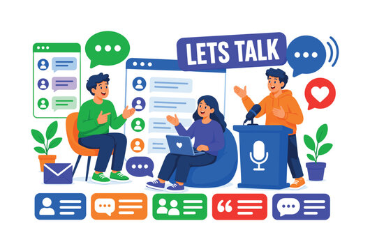 Speaking Communication Discussion banner, lively conversation scene with 3 expressive stylized human characters interacting with oversized speech bubble and giant discussion board, talking wave