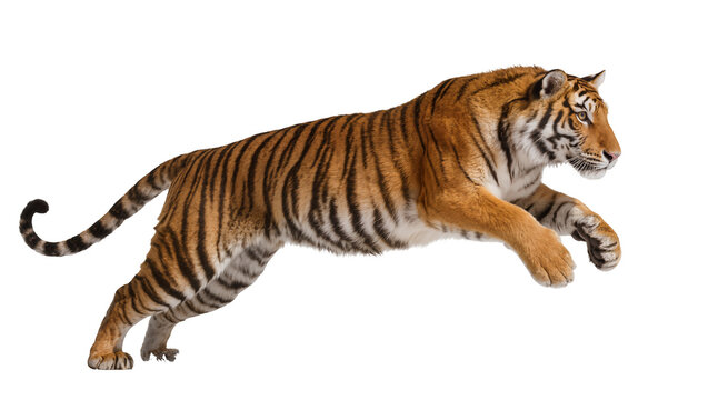 Tiger leaping mid-air with orange and black stripes