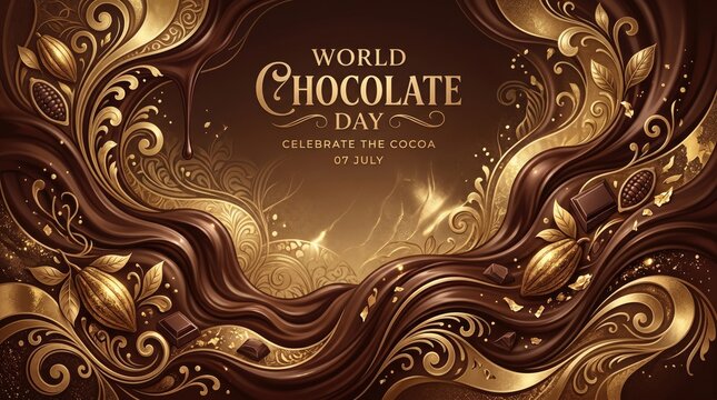 World chocolate day artistic graphic banner with swirls of liquid cocoa and golden cocoa beans for holiday celebration and gourmet menu.