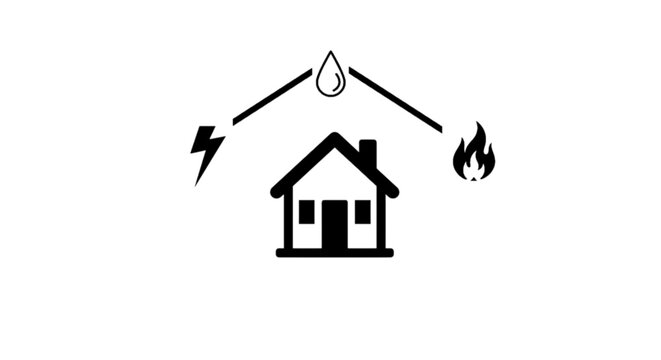 Residential building utility management vector image showing icons for electricity lightning water droplet and fire flame heating connections