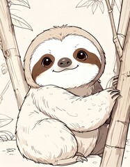 Obraz premium A cute, smiling sloth clings to bamboo in a peaceful, softly detailed drawing with gentle, natural tones.