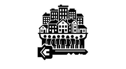 Fototapeta premium Intricate black and white vector image depicting a diverse community of people holding up a city skyline with a house key symbolizing affordable housing.