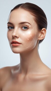 A close-up portrait of a woman with flawless skin, showing a digital facial recognition or skincare analysis pattern on her face.