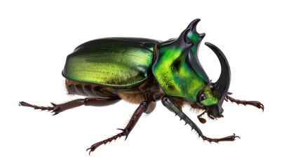 Green iridescent rhinoceros beetle with large horns © Laura