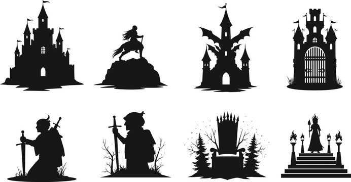 Medieval Fantasy Silhouette Collection Featuring Castles, Knights, and Royal Thrones