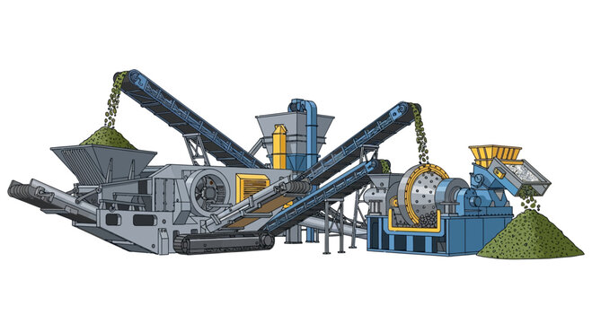 Industrial machine processes material with conveyor belts and hoppers against a white background.