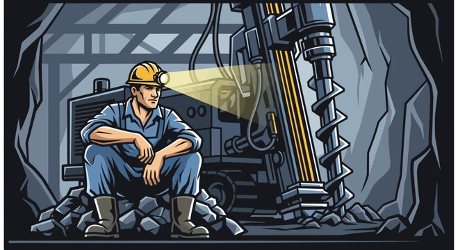 Miner sits near drilling machine in dark underground mine with helmet light.