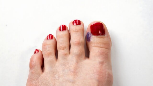 Close up of a foot with red toenails and a bruised toe, showcasing a pedicure with a hint of injury