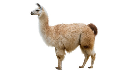 Naklejka premium Llama standing profile view light brown and white fur