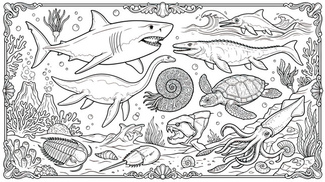 Vintage prehistoric marine life coloring page, ancient sea creatures and dinosaur aquatic animals, detailed black and white underwater scene vector