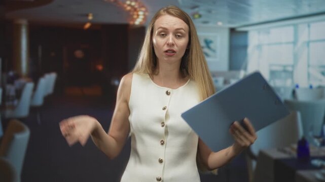 Woman holding a blue clipboard and shrugging one hand while reading notes in a building dining area; uncertainty planning review.