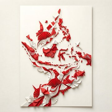 Origami and Paper Cut Indonesia Map Concept in Red and White Colors