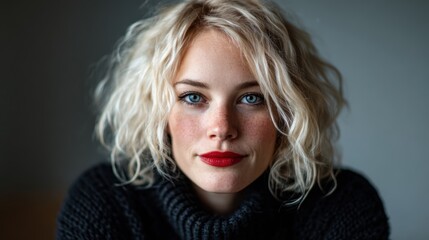 Fototapeta premium A beautiful young woman with curly blonde hair and vibrant blue eyes poses, exuding confidence and charm. Her expression captures a moment of joy and authenticity in life.