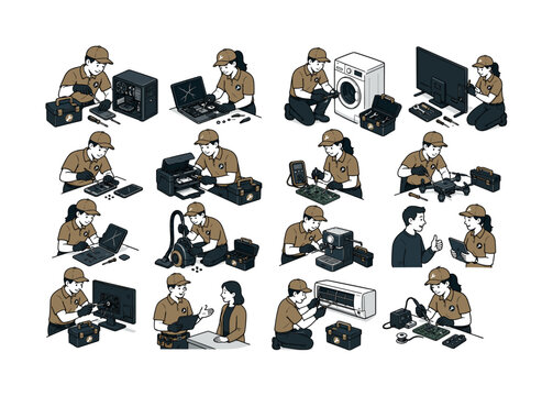 Repair Service Series collection of digital illustrations NOT icons NOT symbols, 12?20 character-driven small scenes of repair workers fixing devices, using toolboxes, maintaining equipment,
