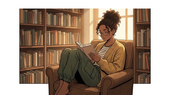 Young Woman Reading Book in Cozy Library Illustration