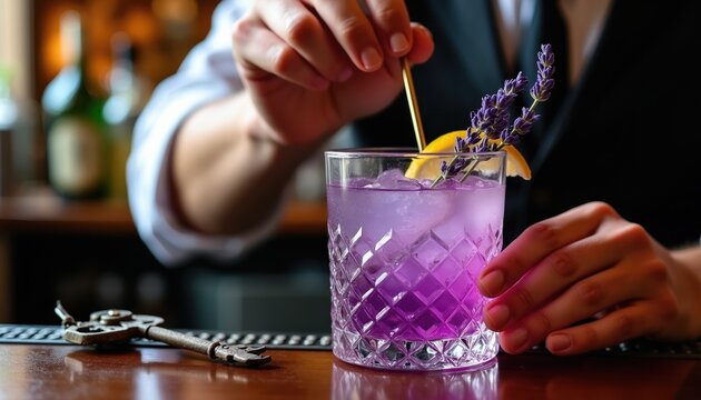 Bartender prepares purple cocktail with lavender garnish. Drink is in ornate glass with ice. Mixologist stirs beverage at bar. Modern mixology, craft cocktail.