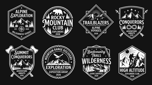 Heritage Wilderness Adventure Emblem Collection with Rocky Mountain Club, Trailblazer Society and Summit Conqueror Badge Designs