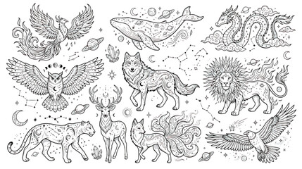 Celestial mystical animals vector set, occult zodiac creatures with moon and stars, esoteric line art illustrations for astrology and magic