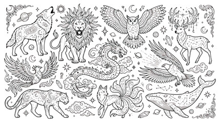 Celestial mystical animal collection, spiritual occult line art vector set, esoteric wildlife illustrations with moon and stars, magical totem creatures