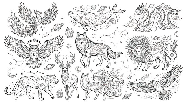 Celestial mystical animals vector set, occult zodiac creatures with moon and stars, esoteric line art illustrations for astrology and magic