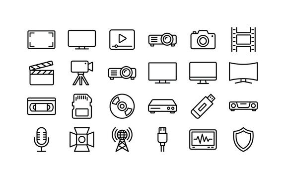 Video Format Seals. Line icon set of resolution quality badges: screen frame, display badge, media badge, projector badge, camera badge, film strip, clapperboard, tripod camera, cinema projector,