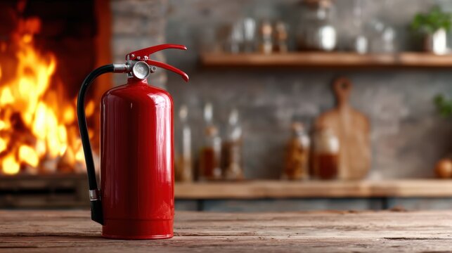 A red fire extinguisher is prominently displayed in a cozy kitchen setting, highlighting safety and preparedness while blending seamlessly with a warm, inviting home environment.