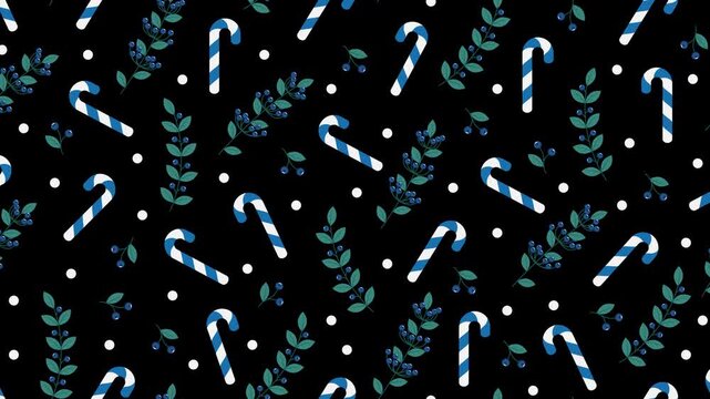 Leaves and berries with candy cane seamless pattern animation. Perfect for holiday decoration. Winter holidays theme. 4K animation. Transparent background with alpha channel