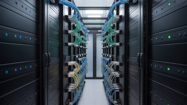 Telecom server rack installation with glowing LED cabling and cybersecurity ambiance