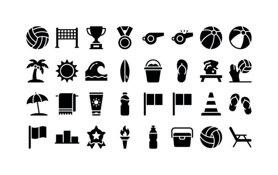 Beach Volleyball Awards. Solid glyph icon set of beach sports with volleyball net and trophy: volleyball, volleyball net, trophy cup, medal, whistle, beach ball, palm tree, sun disk, ocean wave,