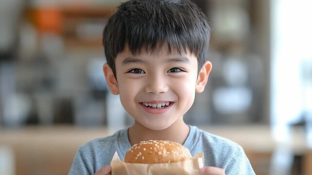 selective focus happy child holding wrapped fast food in hands