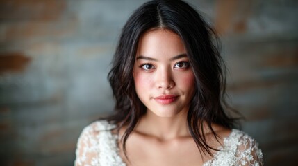 Obraz premium A close-up portrait captures the serene beauty of a young woman with natural makeup and delicate features, highlighting authenticity and grace in a soft setting.