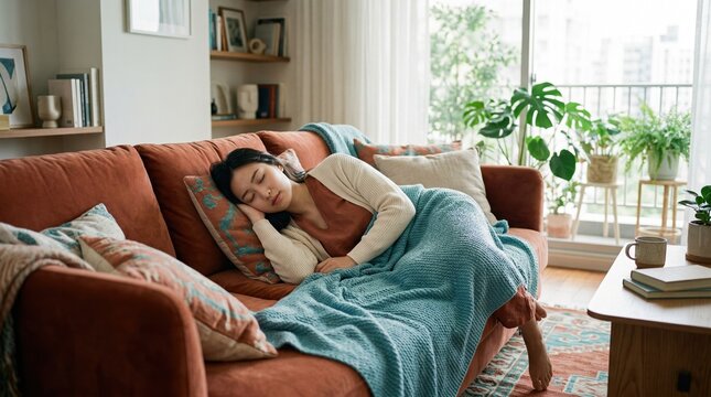 Asian woman sleeping on sofa under blue blanket. Relaxed female taking a nap in living room. Home comfort and wellness concept