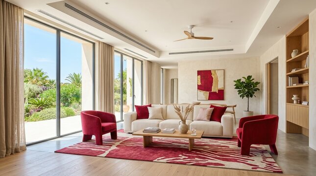 Modern living room interior with ceiling fan and air conditioning vents. Luxury home design with red armchairs and garden view. Summer sanctuary concept