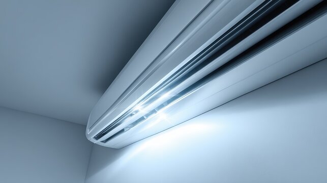 Modern white air conditioning unit on a wall with glowing light. Sleek indoor split system cooling a room. Minimalist hvac technology concept