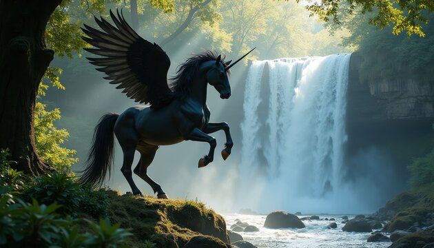 Black winged unicorn stands on mossy hill near waterfall. Majestic mythical creature with horn and wings in forest. Fantasy animal near water cascade with green trees.
